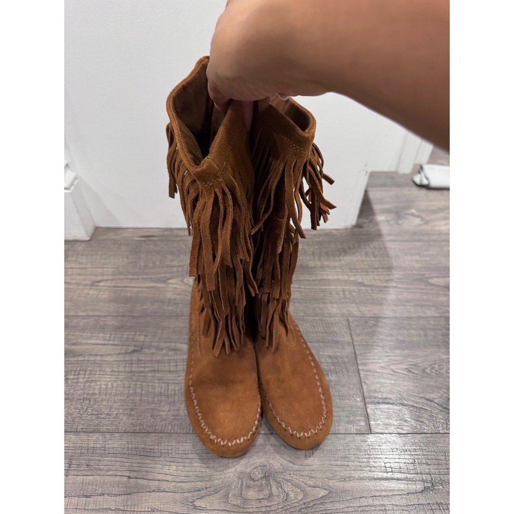 LC Lauren Conrad Brown Suede Fringe Mid Calf Moccasin Boots Tan Womens
